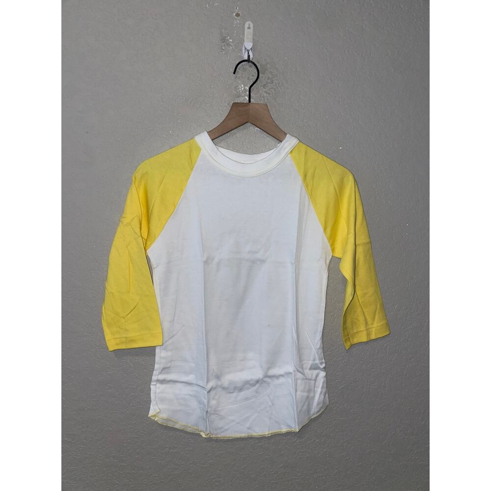 1980s Vintage Lucky Star White Yellow Blank Raglan Shirt Top Women's Medium